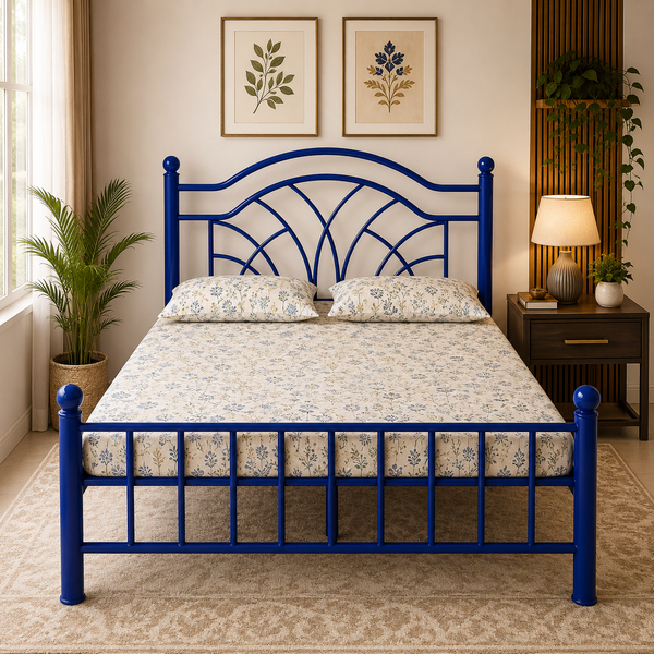 ZYRON NAMARIQ: Solid Wrought Iron Metal Bed Cot| Without Inbuilt Storage Box | Space Saving Bedroom Furniture | Artistic Head-Footboard | With & Without Mattress | KING QUEEN SINGLE Sizes | Powder Coated BLUE Color