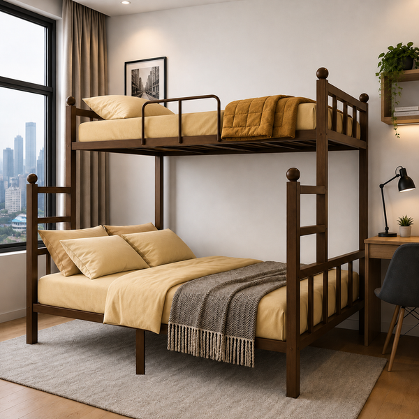 ROCKFORD NAMARIQ: Twin-over-Full Bunk-Bed Frame with Ladder & Safety Guard Rails | Space Saving Bed for Kids Teens & Adults | With or Without Mattress | QUEEN & DOUBLE Sizes | Powder Coated BROWN Color