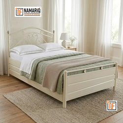 MAGNUS NAMARIQ: Elegant Metal Bed – With Hydraulic Box Storage – Water Resistant & Anti-Rust Powder Coated Finish - IVORY