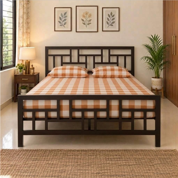ZAVIER NAMARIQ: Solid Wrought Iron Metal Bed Cot| Without Inbuilt Storage Box | Space Saving Bedroom Furniture | Artistic Head-Footboard | With & Without Mattress | KING QUEEN SINGLE Sizes | Powder Coated BROWN Color