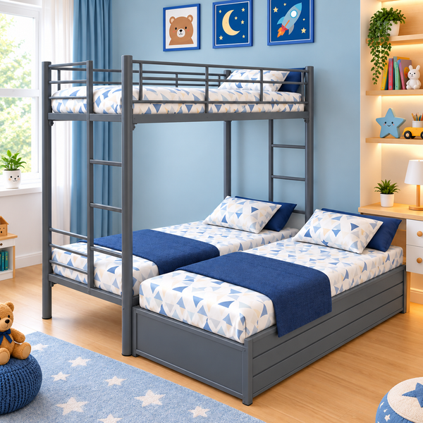 RADIANT NAMARIQ: Heavy Duty Twin-over-Full Bunk-Bed Frame with Ladder & Safety Guard Rails | Space Saving Bed for Kids Teens & Adults | With or Without Mattress | 6x3 FT STANDARD & 6x2.5 FT Small Size | Powder Coated GREY Color