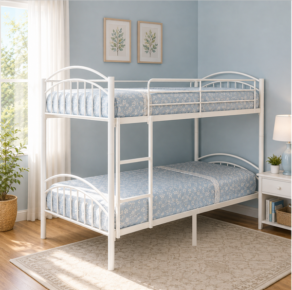 REINFORT NAMARIQ: Heavy Duty Metal Bunk-Bed Frame with Inbuilt Ladder & Safety Guardrails | Space Saving Bed for Kids Teens & Adults | With or Without Mattress | 6x3 FT STANDARD & 6x2.5 FT Small Size | Powder Coated WHITE Color