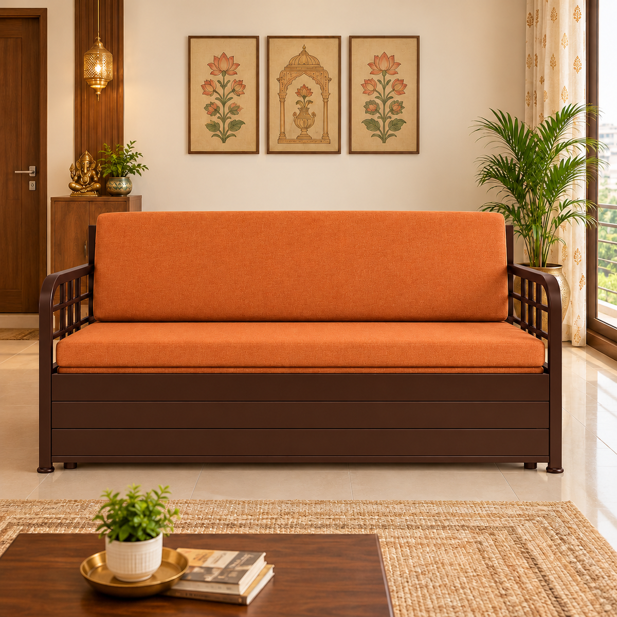 omega-namariq-3-seater-metal-convertible-sofa-cum-bed-hydraulic-storage-box-space-saving-livingroom-home-furniture-easy-assembly-mattress-cushions-included-brown-frame-with-orange-fabric