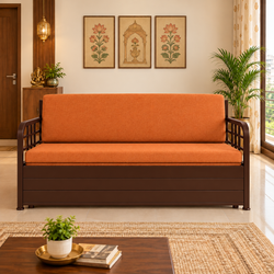 OMEGA NAMARIQ: 3-Seater Metal Convertible SOFA-CUM-BED | Hydraulic Storage Box | Space Saving Livingroom Home Furniture | Easy Assembly | Mattress Cushions Included | BROWN Frame with ORANGE Fabric