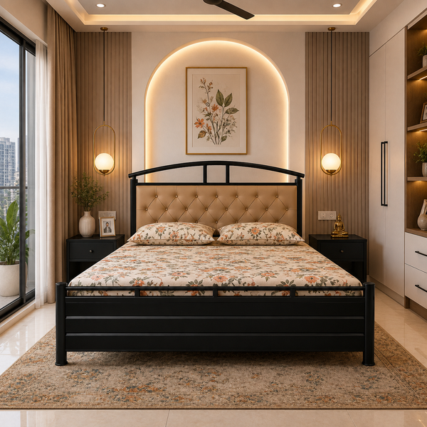 MAVERICK NAMARIQ: Hydraulic Storage Metal Bed Frame with Cushioned Tufted Headboard | Bedroom Furniture | Easy Assembly | Premium Powder Coated | KING, QUEEN, SINGLE Sizes | BLACK-BROWN Color