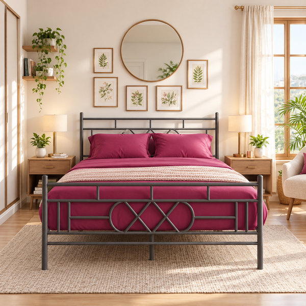 ZIVAANSH NAMARIQ: Wrought Iron Metal Bed | Without Inbuilt Storage Box | Space Saving Bedroom Cot Bed with Architectural Circle & Grid Head-Footboard | With & Without Mattress | KING QUEEN SINGLE Sizes | Powder Coated GREY Color