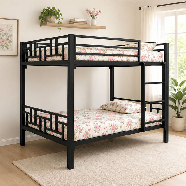RIEVERA NAMARIQ: Heavy-Duty Metal Bunk Bed with Designer Geometric Lattice Railing & Integrated Vertical Ladder | Space Saving Bed for Kids Teens & Adults | With or Without Mattress | QUEEN & DOUBLE Sizes | Powder Coated BLACK Color