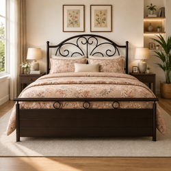 MAYURA NAMARIQ: Heavy Duty Hydraulic Storage Metal Bed Frame with Designer Scrolled Headboard | Bedroom Furniture | Easy Assembly | Premium Powder Coated | KING, QUEEN, SINGLE Sizes | BROWN Color