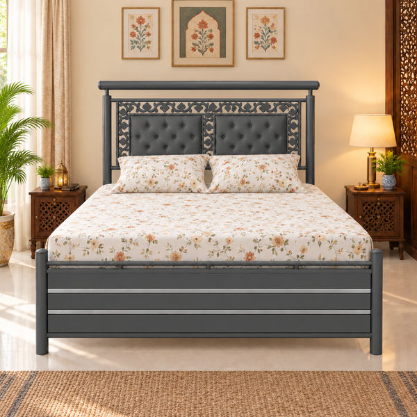 MONARCH NAMARIQ: Heavy Duty Hydraulic Storage Metal Bed Frame | Dual Button-Tufted Cushion Headboard with Carved Ornamental Border| Bedroom Furniture | Easy Assembly | | KING, QUEEN, SINGLE, SUPER-KING & SUPER-QUEEN Sizes | GREY-BLACK Color