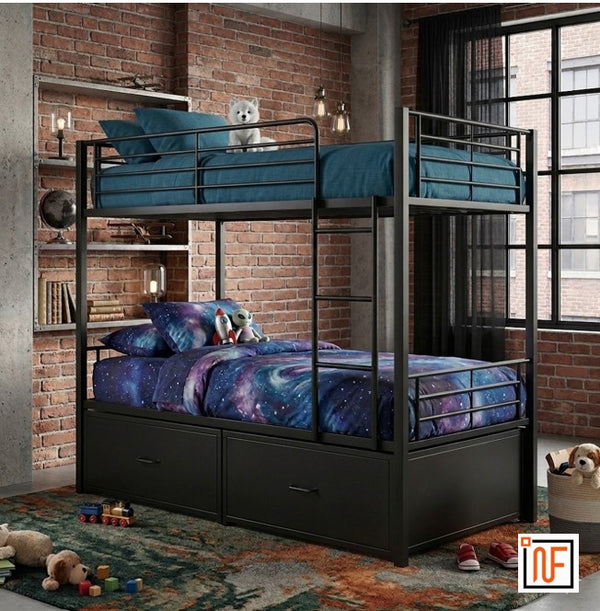 YUGMA NAMARIQ: Twin-over-Twin Heavy Duty Metal Bunk Bed with Integrated Dual Drawer Storage – Matte Black Powder Coated Finish. (Without Mattresses)