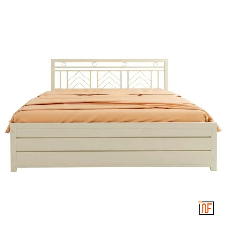 MAITRA NAMARIQ: Modern Metal Bed – With Hydraulic Box Storage – Water Resistant & Anti-Rust Powder Coated Finish - IVORY+2