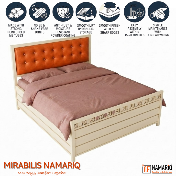MIRABILIS NAMARIQ: Heavy Duty Hydraulic Storage Metal Bed Frame | Tufted Cushion Headboard | Bedroom Furniture | Easy Assembly | Premium Powder Coated | KING, QUEEN, SINGLE Sizes | BROWN Color+2