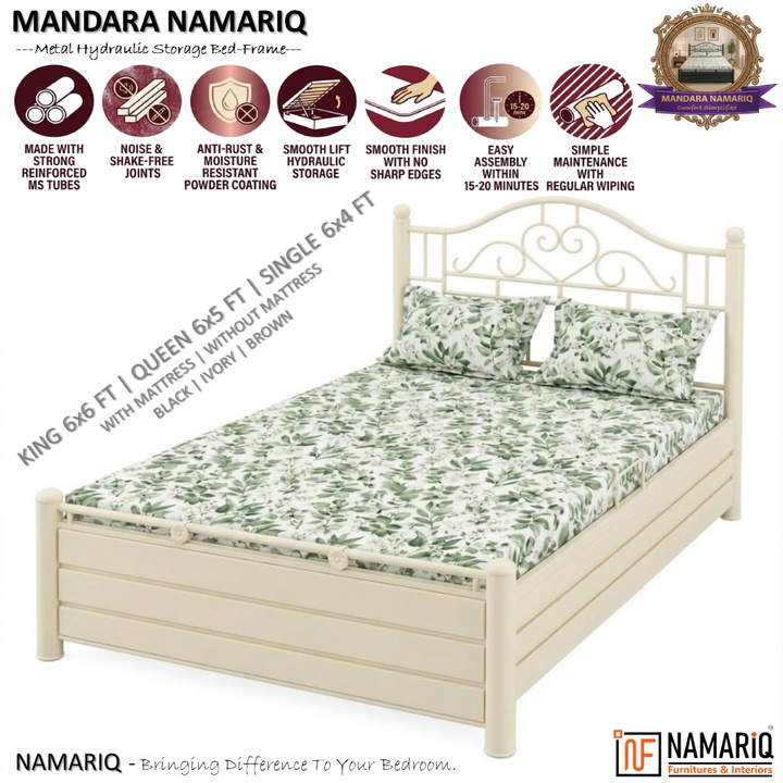 MANDARA NAMARIQ: Metal Hydraulic Storage Bed Frame Heavy Duty | Scrolled Heart Headboard| Bedroom Furniture | Easy Assembly | Premium Powder Coated | KING, QUEEN, SINGLE Sizes | IVORY Color+2