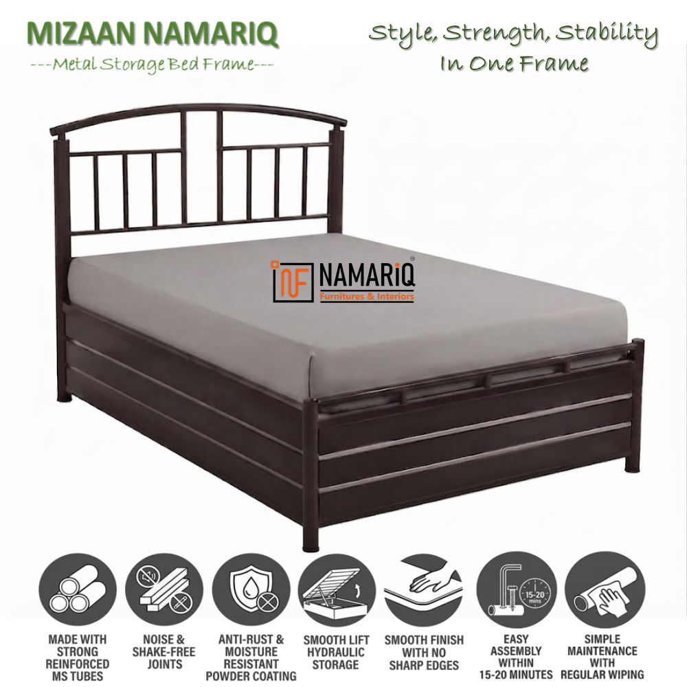 mizaan-namariq-heavy-duty-hydraulic-storage-metal-bed-frame-with-designer-headboard-bedroom-furniture-easy-assembly-premium-powder-coated-king-queen-single-sizes-brown-color