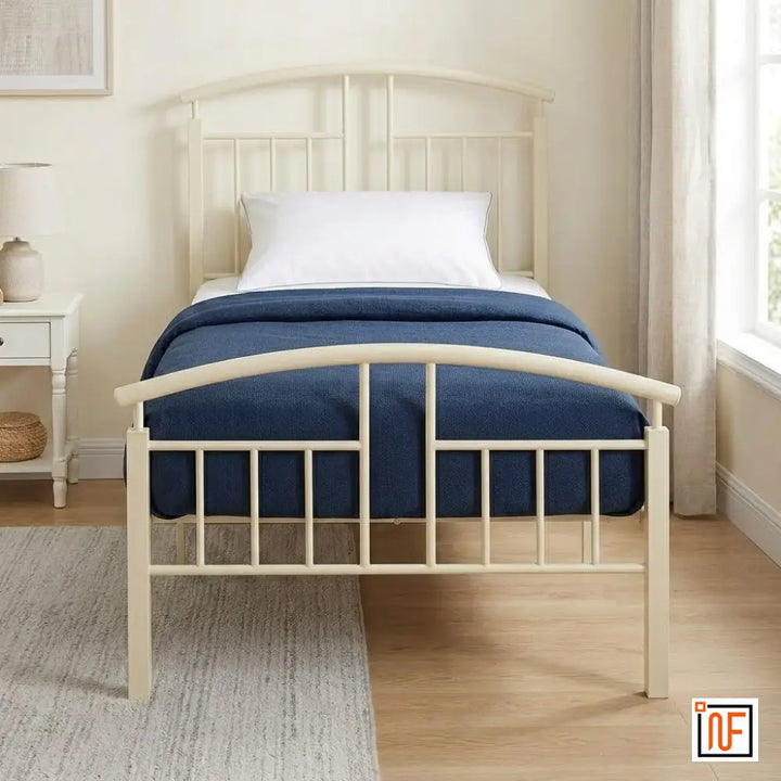 AETERNUM NAMARIQ: Arched Silhouette Premium Metal Bed - Without Inbuilt Storage – Water Resistant & Anti-Rust Powder Coated Finish - IVORY+2