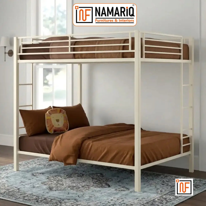 AEGIS NAMARIQ: Twin-Over-Twin, Heavy Duty Metal Bunk Bed – Without Inbuilt Storage– Anti-Rust & Water-Resistant Powder Coated Finish – IVORY