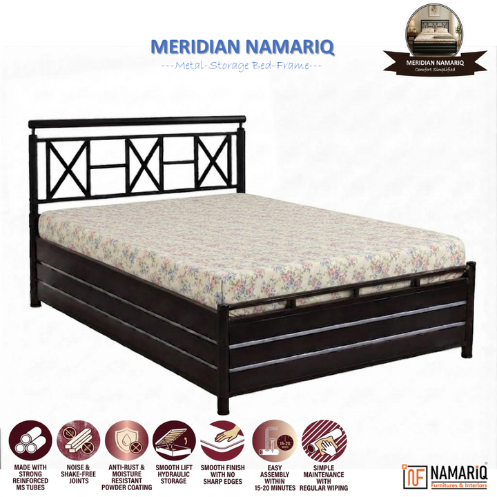 MERIDIAN NAMARIQ: Heavy Duty Hydraulic Storage Metal Bed Frame with Designer Headboard | Bedroom Furniture | Easy Assembly | Premium Powder Coated | KING, QUEEN, SINGLE Sizes | BLACK Color+2