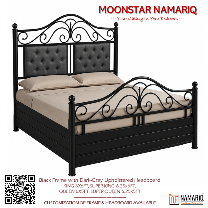 MOONSTAR NAMARIQ: Heavy Duty Metal Bed Frame | Hydraulic Box Storage | Designer Headboard Twin Cushions | Designer Footboard | King, Queen, Super-King, Super-Queen Sizes | Water Resistant & Anti-Rust Powder Coated | IVORY Color+2