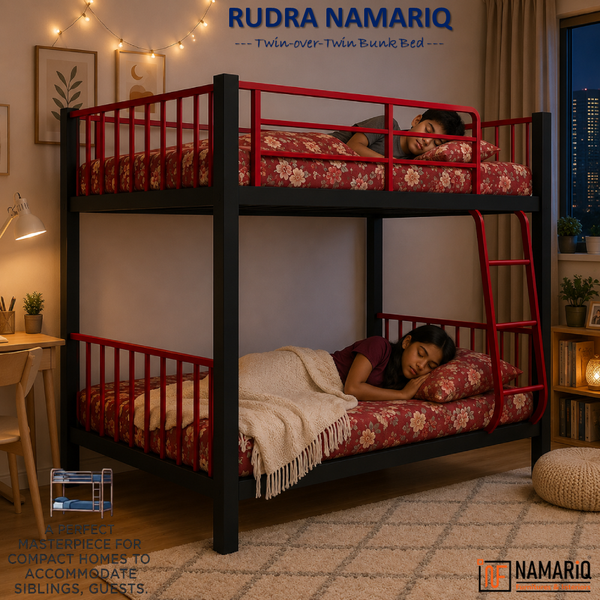 RUDRA NAMARIQ: Heavy Duty Twin Bunk-Bed Frame with Ladder & Safety Guard Rails | Space Saving Bed for Kids Teens & Adults | With or Without Mattress | 6x3 FT STANDARD & 6x2.5 FT Small Size | Powder Coated BLACK-RED Color