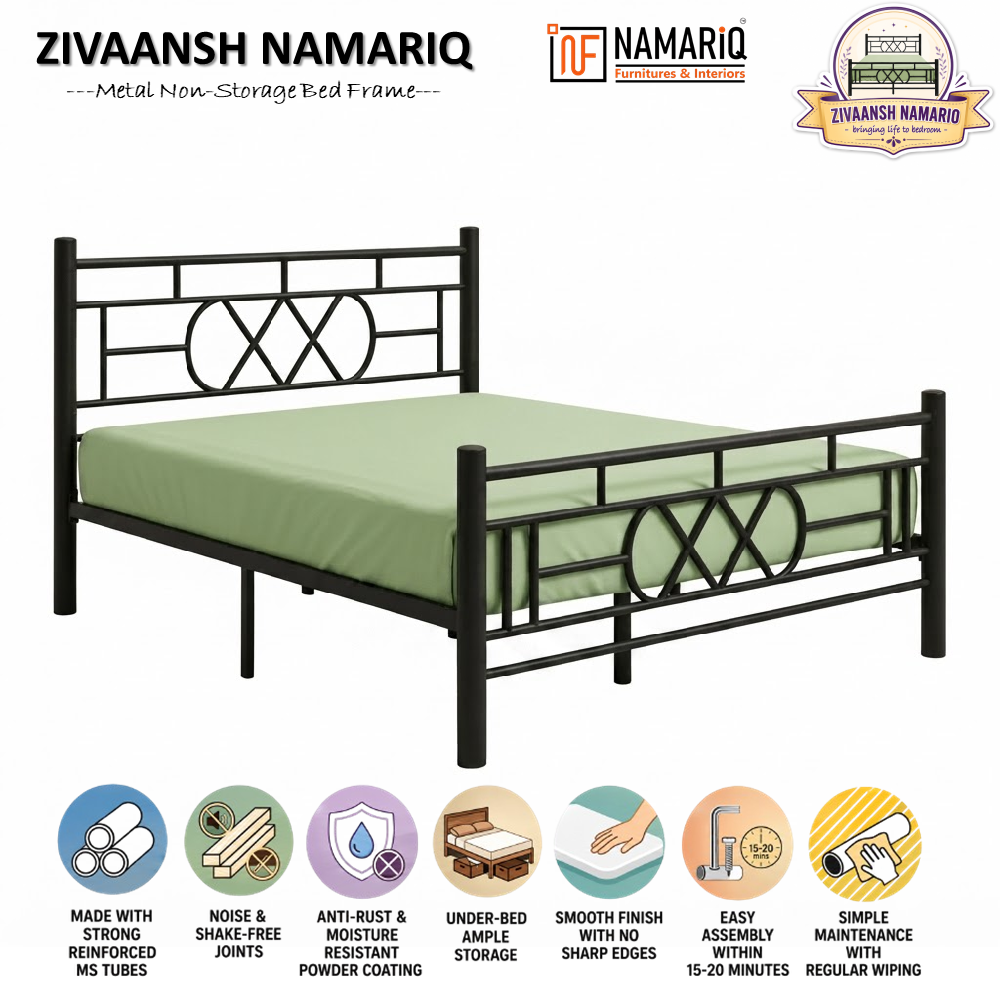 zivaansh-namariq-wrought-iron-metal-bed-without-inbuilt-storage-box-space-saving-bedroom-cot-bed-with-architectural-circle-grid-head-footboard-with-without-mattress-king-queen-single-sizes-powder-coated-black-color
