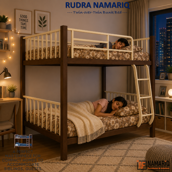 RUDRA NAMARIQ: Heavy Duty Twin Bunk-Bed Frame with Ladder & Safety Guard Rails | Space Saving Bed for Kids Teens & Adults | With or Without Mattress | 6x3 FT STANDARD & 6x2.5 FT Small Size | Powder Coated BROWN-IVORY Color