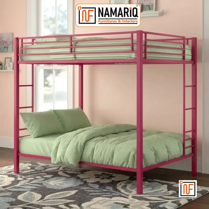 AEGIS NAMARIQ: Twin-Over-Twin, Heavy Duty Metal Bunk Bed – Without Inbuilt Storage– Anti-Rust & Water-Resistant Powder Coated Finish – DARK PINK