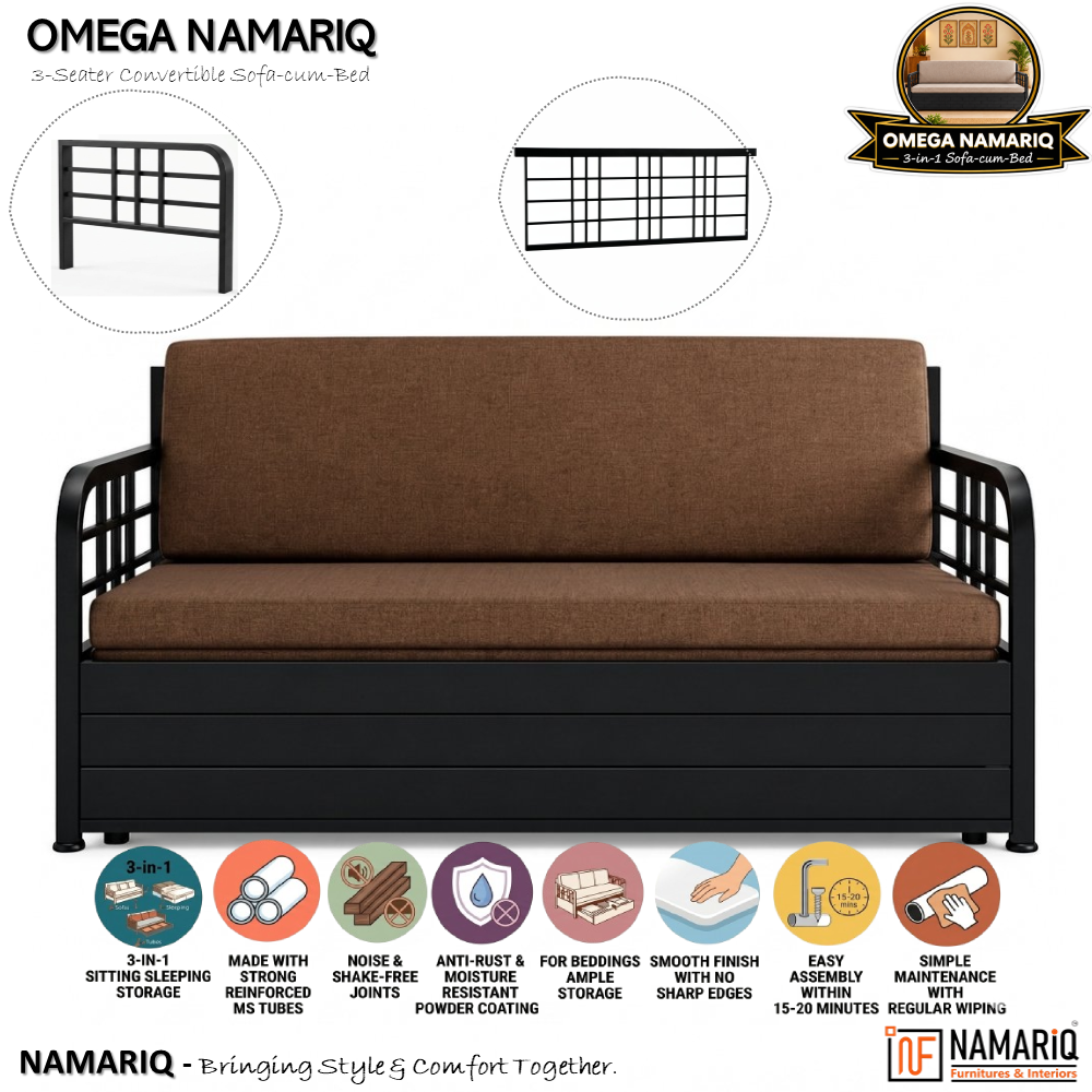 omega-namariq-3-seater-metal-convertible-sofa-cum-bed-hydraulic-storage-box-space-saving-livingroom-home-furniture-easy-assembly-mattress-cushions-included-black-frame-with-brown-fabric