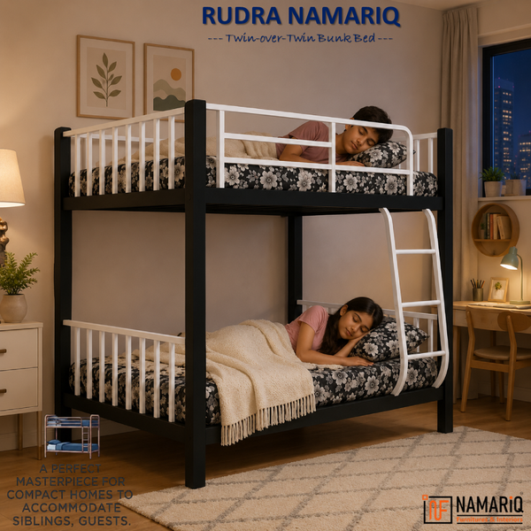 RUDRA NAMARIQ: Heavy Duty Twin Bunk-Bed Frame with Ladder & Safety Guard Rails | Space Saving Bed for Kids Teens & Adults | With or Without Mattress | 6x3 FT STANDARD & 6x2.5 FT Small Size | Powder Coated BLACK-WHITE Color