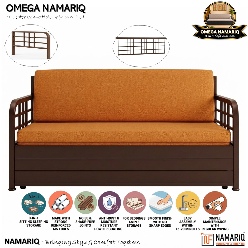 omega-namariq-3-seater-metal-convertible-sofa-cum-bed-hydraulic-storage-box-space-saving-livingroom-home-furniture-easy-assembly-mattress-cushions-included-brown-frame-with-orange-fabric