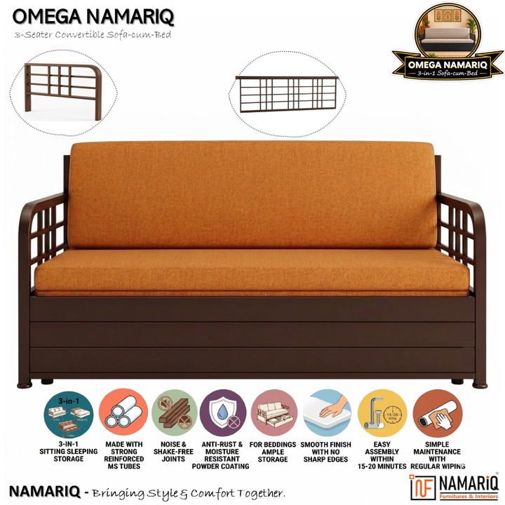 OMEGA NAMARIQ: 3-Seater Metal Convertible SOFA-CUM-BED | Hydraulic Storage Box | Space Saving Livingroom Home Furniture | Easy Assembly | Mattress Cushions Included | BROWN Frame with ORANGE Fabric+2