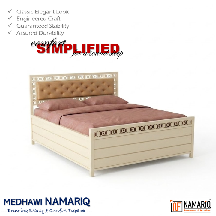 MEDHAWI NAMARIQ: Hydraulic Storage Metal Bed Frame with Cushioned Tufted Headboard | Carbin Borders | Bedroom Furniture | Easy Assembly | Premium Powder Coated | KING, QUEEN, SINGLE Sizes | IVORY Color+2
