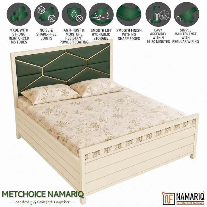 METCHOICE NAMARIQ: Hydraulic Storage Box Metal Bed Frame with Tufted Fabric Green-Golden Headboard| Bedroom Furniture | Easy Assembly | Premium Powder Coated | KING, QUEEN, SINGLE Sizes | IVORY Color+2
