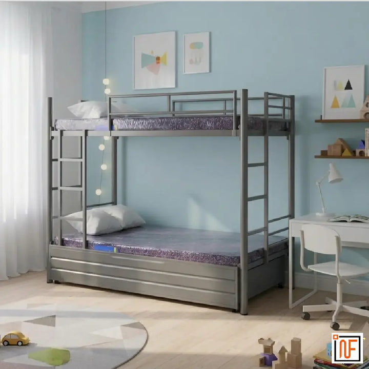 NOVUS NAMARIQ: Twin Over Full Hydraulic Storage Triple Zone Bunk Bed – Anti-Rust & Moisture Proof Powder Coated Finish - GREY+2