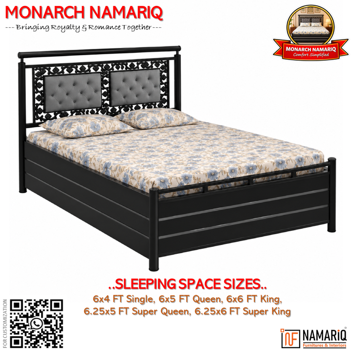 MONARCH NAMARIQ: Heavy Duty Hydraulic Storage Metal Bed Frame | Dual Button-Tufted Cushion Headboard with Carved Ornamental Border| Bedroom Furniture | Easy Assembly | | KING, QUEEN, SINGLE, SUPER-KING & SUPER-QUEEN Sizes | BLAC-GREY Color+2