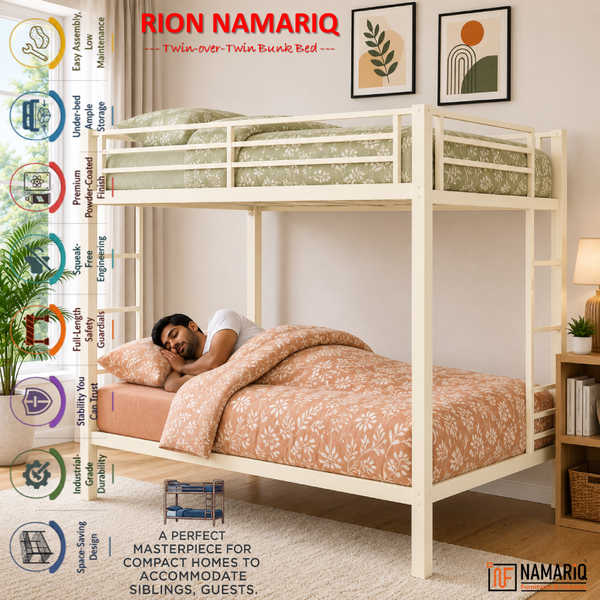 RION NAMARIQ: Twin-OVER-Twin Bunk-Bed Frame with Inbuilt Ladder & Safety Guardrails | Space Saving Bed for Kids Teens & Adults | With or Without Mattress | 6x3 FT STANDARD & 6x2.5 FT Small Size | Powder Coated IVORY Color
