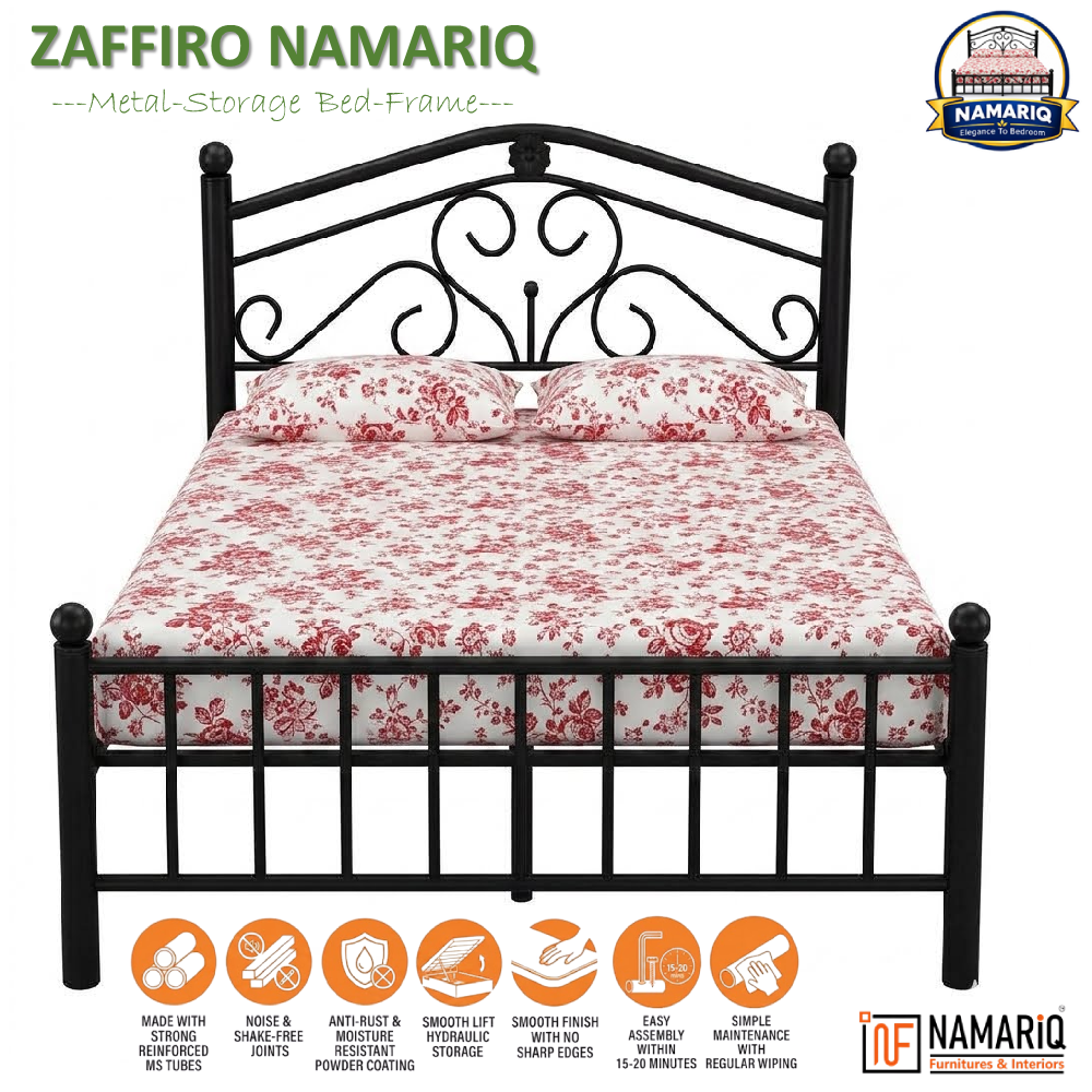 zaffiro-namariq-wrought-iron-modern-metal-bed-cot-without-inbuilt-storage-box-space-saving-bedroom-furniture-artistic-head-footboard-with-without-mattress-king-queen-single-sizes-powder-coated-black-color