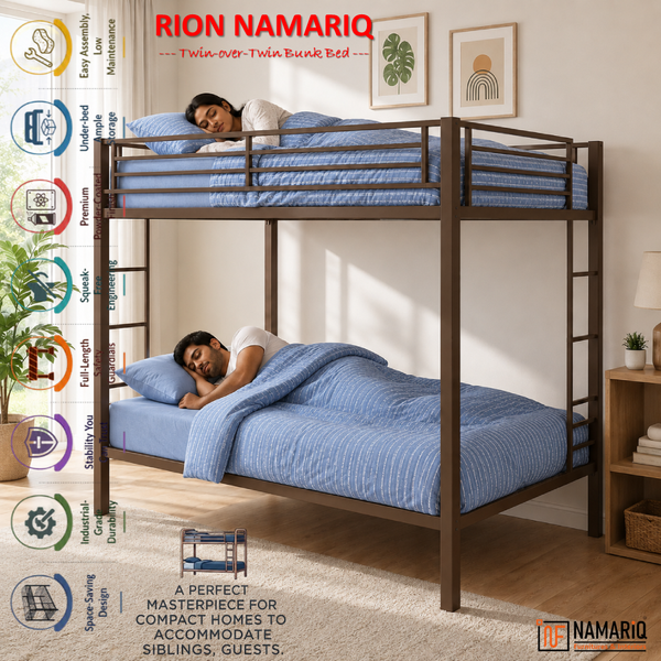 RION NAMARIQ: Twin-OVER-Twin Bunk-Bed Frame with Inbuilt Ladder & Safety Guardrails | Space Saving Bed for Kids Teens & Adults | With or Without Mattress | 6x3 FT STANDARD & 6x2.5 FT Small Size | Powder Coated BROWN Color