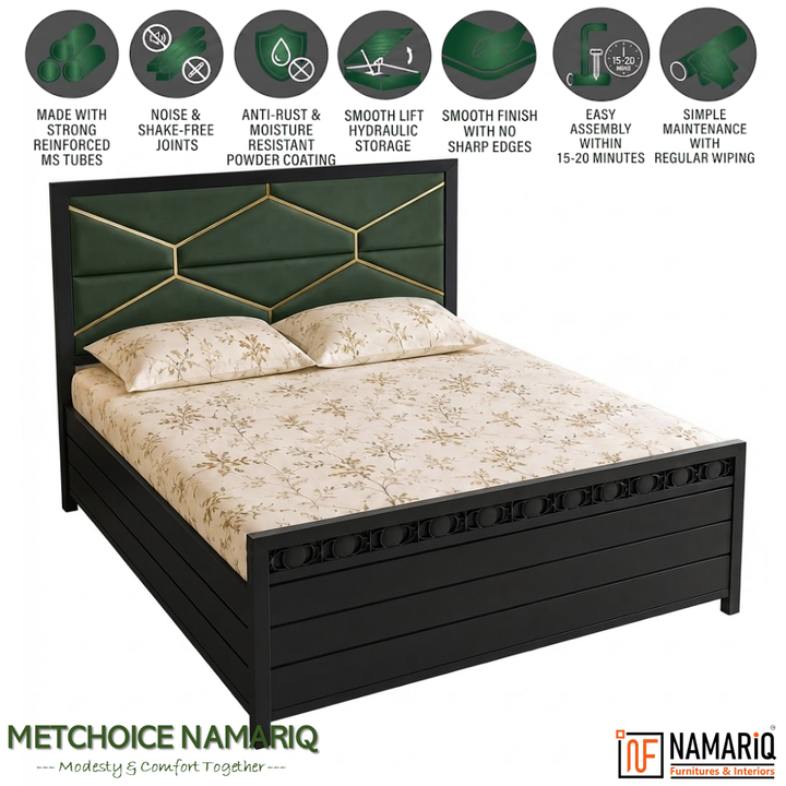 METCHOICE NAMARIQ: Hydraulic Storage Box Metal Bed Frame with Tufted Fabric Green-Golden Headboard| Bedroom Furniture | Easy Assembly | Premium Powder Coated | KING, QUEEN, SINGLE Sizes | BLACK Color+2