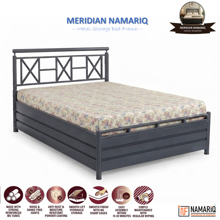 MERIDIAN NAMARIQ: Heavy Duty Hydraulic Storage Metal Bed Frame with Designer Headboard | Bedroom Furniture | Easy Assembly | Premium Powder Coated | KING, QUEEN, SINGLE Sizes | GREY Color+2