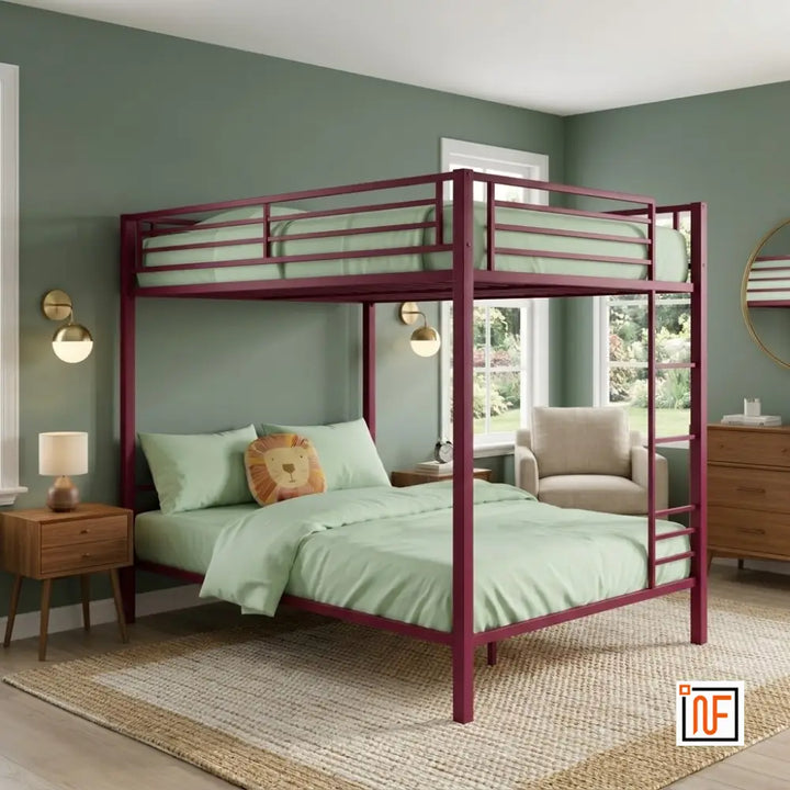 AEGIS NAMARIQ: Twin-Over-Twin, Heavy Duty Metal Bunk Bed – Without Inbuilt Storage– Anti-Rust & Water-Resistant Powder Coated Finish – DARK PINK+2