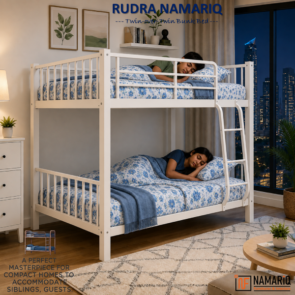 RUDRA NAMARIQ: Heavy Duty Twin Bunk-Bed Frame with Ladder & Safety Guard Rails | Space Saving Bed for Kids Teens & Adults | With or Without Mattress | 6x3 FT STANDARD & 6x2.5 FT Small Size | Powder Coated WHITE Color