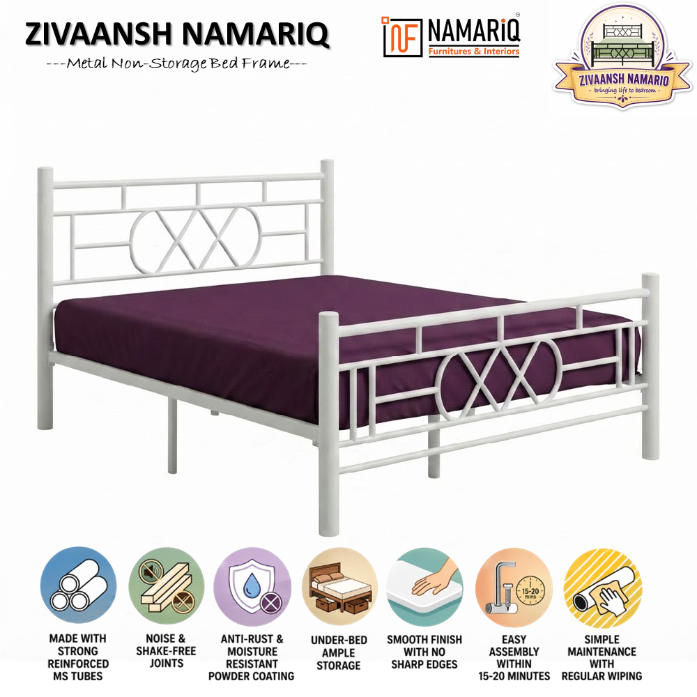 zivaansh-namariq-wrought-iron-metal-bed-without-inbuilt-storage-box-space-saving-bedroom-cot-bed-with-architectural-circle-grid-head-footboard-with-without-mattress-king-queen-single-sizes-powder-coated-white-color