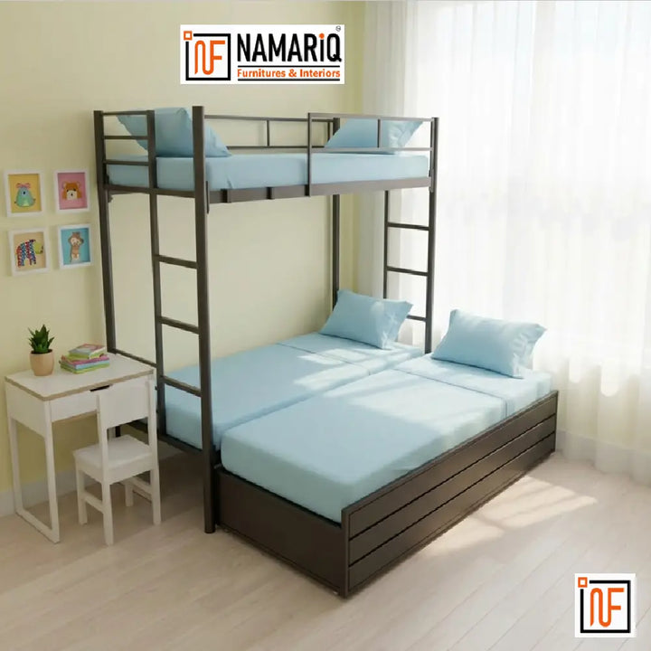 NOVUS NAMARIQ: Twin Over Full Hydraulic Storage Triple Zone Bunk Bed – Anti-Rust & Moisture Proof Powder Coated Finish - BLACK