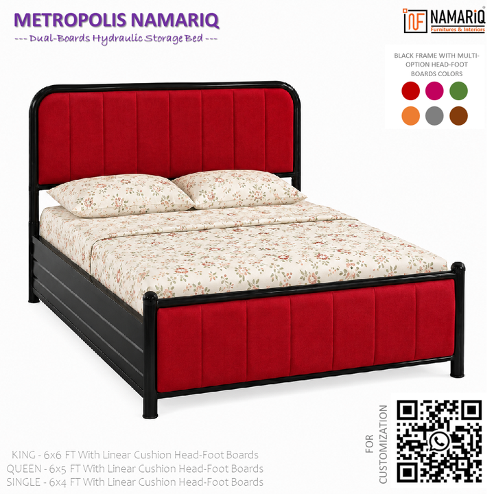 METROPOLIS NAMARIQ: Hydraulic Storage Metal Bed Frame with Cushioned Tufted Head-Footboards | Bedroom Furniture | Easy Assembly | Premium Powder Coated | KING, QUEEN, SINGLE Sizes | BLACK-RED Color+2