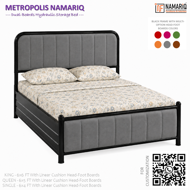 METROPOLIS NAMARIQ: Hydraulic Storage Metal Bed Frame with Cushioned Tufted Head-Footboards | Bedroom Furniture | Easy Assembly | Premium Powder Coated | KING, QUEEN, SINGLE Sizes | BLACK-GREY Color+2