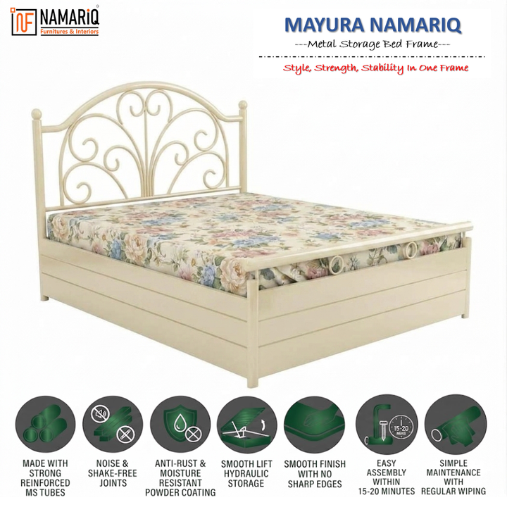 MAYURA NAMARIQ: Heavy Duty Hydraulic Storage Metal Bed Frame with Designer Scrolled Headboard | Bedroom Furniture | Easy Assembly | Premium Powder Coated | KING, QUEEN, SINGLE Sizes | IVORY Color+2