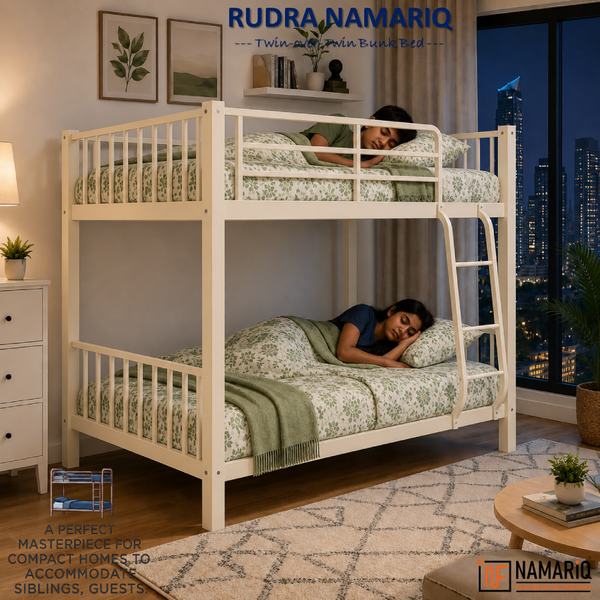 RUDRA NAMARIQ: Heavy Duty Twin Bunk-Bed Frame with Ladder & Safety Guard Rails | Space Saving Bed for Kids Teens & Adults | With or Without Mattress | 6x3 FT STANDARD & 6x2.5 FT Small Size | Powder Coated IVORY Color