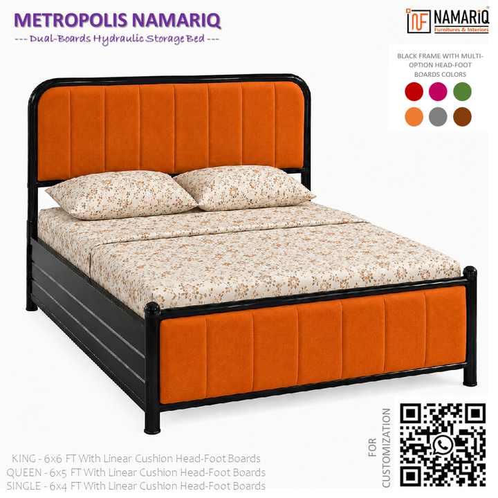 METROPOLIS NAMARIQ: Hydraulic Storage Metal Bed Frame with Cushioned Tufted Head-Footboards | Bedroom Furniture | Easy Assembly | Premium Powder Coated | KING, QUEEN, SINGLE Sizes | BLACK-ORANGE Color+2