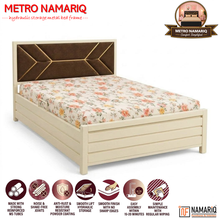METRO NAMARIQ: Hydraulic Storage Box Metal Bed Frame with Tufted Fabric Brown-Golden Headboard| Bedroom Furniture | Easy Assembly | Premium Powder Coated | KING, QUEEN, SINGLE Sizes | IVORY Color+2