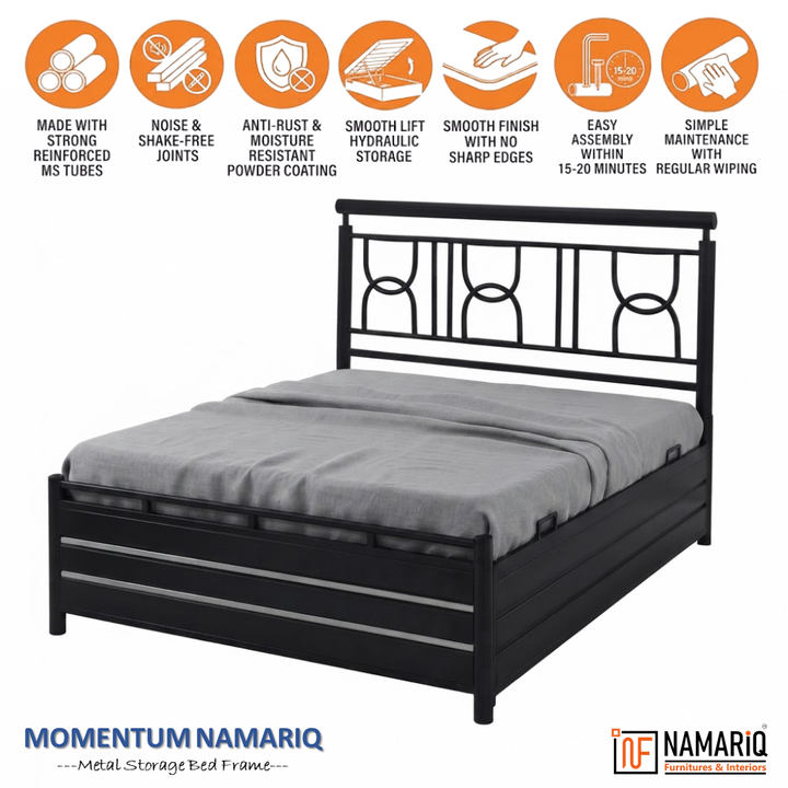 MOMENTUM NAMARIQ: Heavy Duty Hydraulic Storage Metal Bed Frame with Designer Headboard | Bedroom Furniture | Easy Assembly | Premium Powder Coated | KING, QUEEN, SINGLE Sizes | BLACK Color+2